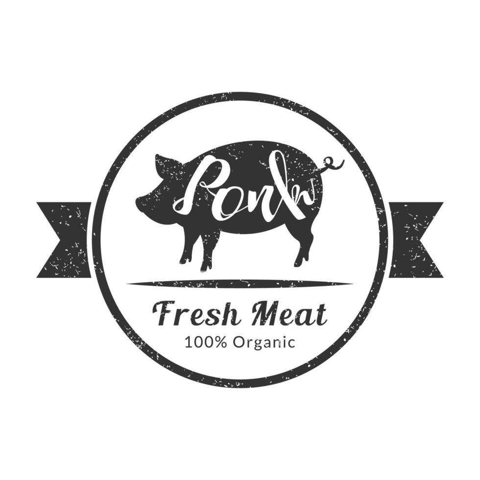 Organic Fresh Meat, Premium Quality Retro Cattle Logo Template, Badge with Pig for Butchery, Meat Shop, Packaging or Advertising Illustration vector