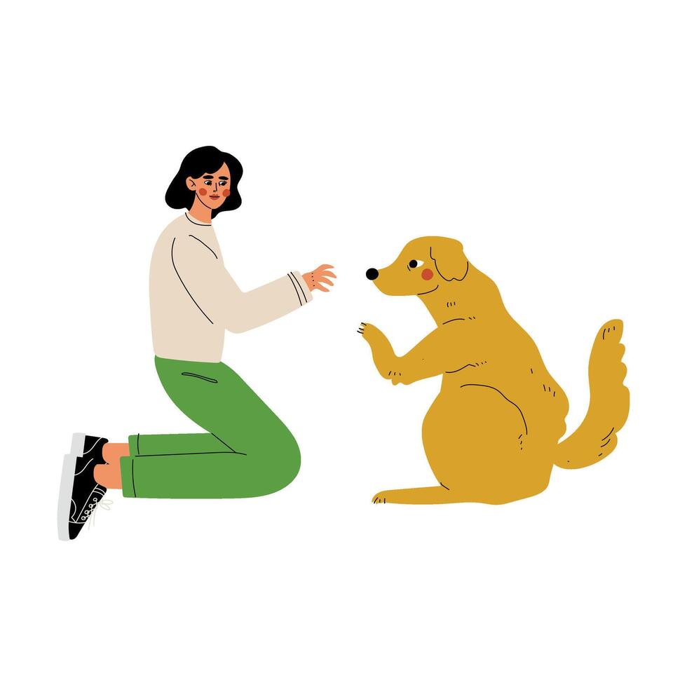 Girl Palying with Dog, Volunteer Taking Care of Animals Illustration vector