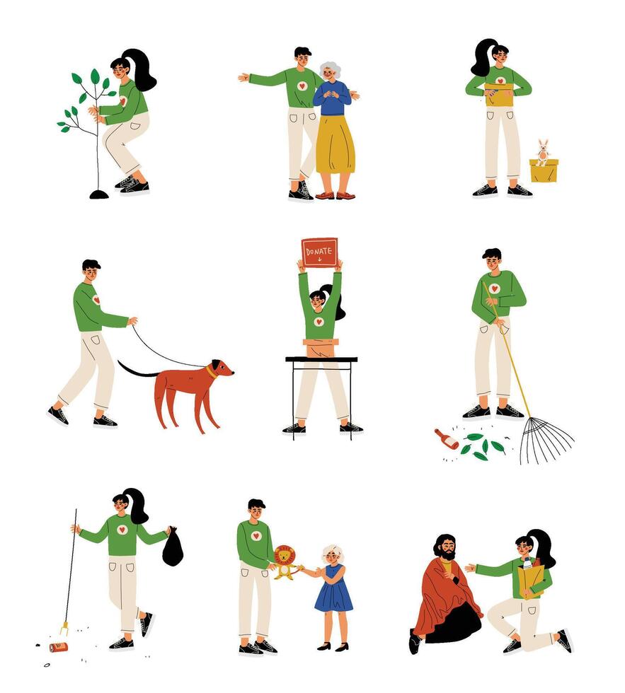 Volunteers Helping Elderly, Homeless People, Animals, Planting Trees and Gathering Garbage Set, Volunteering, Charity and Supporting People Illustration vector