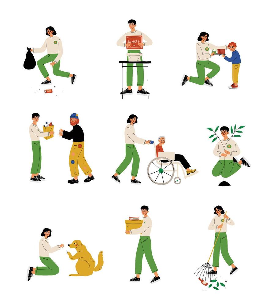 Volunteers Helping People, Animals, Planting Trees and Gathering Garbage Set, Volunteering, Charity and Supporting People Illustration vector