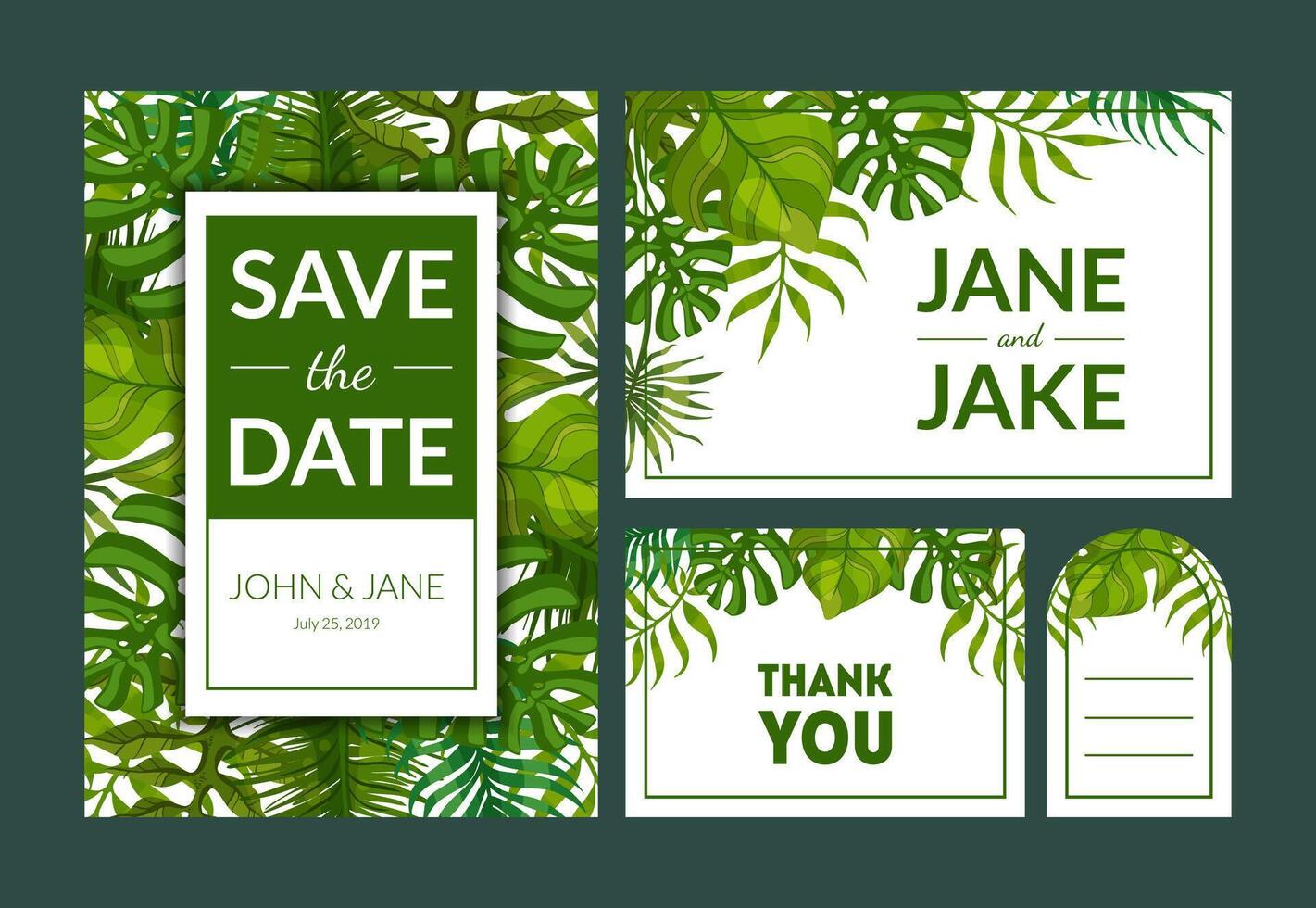 Save the Date, Elegant Wedding Invitation Templates Set, Thank You, Rsvp Cards with Green Exotic Tropical Leaves, Frame with Space for Text Illustration vector