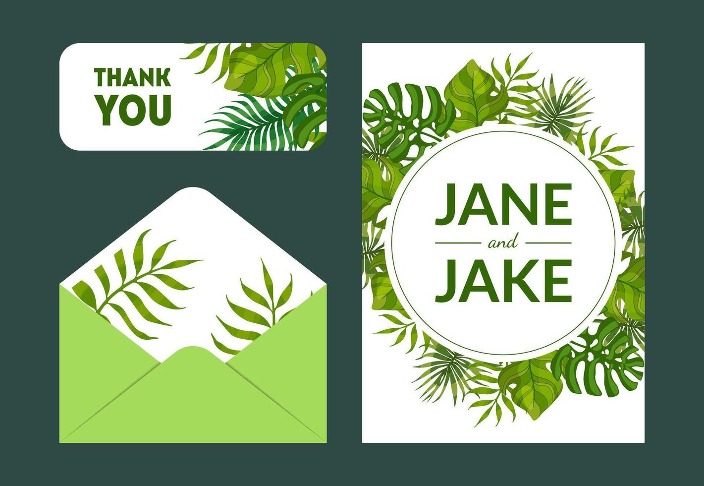 Save the Date, Elegant Wedding Invitation Templates Set, Thank You, Rsvp Cards and Envelope with Green Exotic Tropical Leaves, Frame with Space for Text Illustration vector
