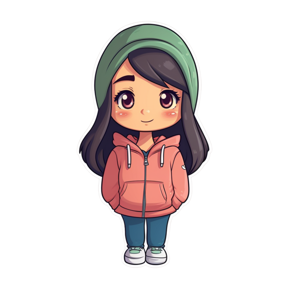 Cute Cartoon Girl in Pink Hoodie and Green Beanie png