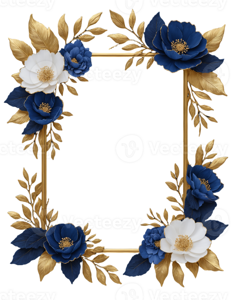 Golden frame with blue flowers and leaves png