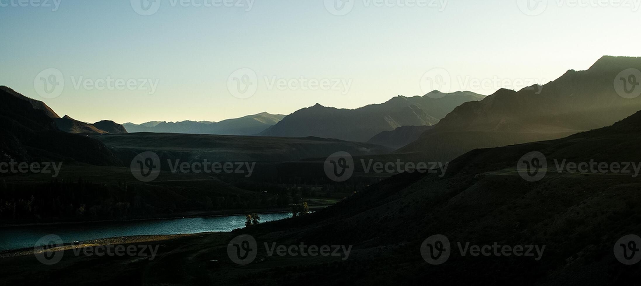 Mountains and hills altai in autumn, panoramic photo. photo