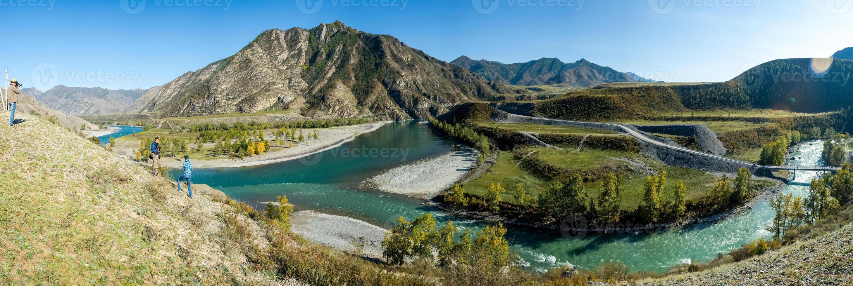 Panorama is Altai, a mountain river flowing between the Altai mountains and the nature of the area. photo