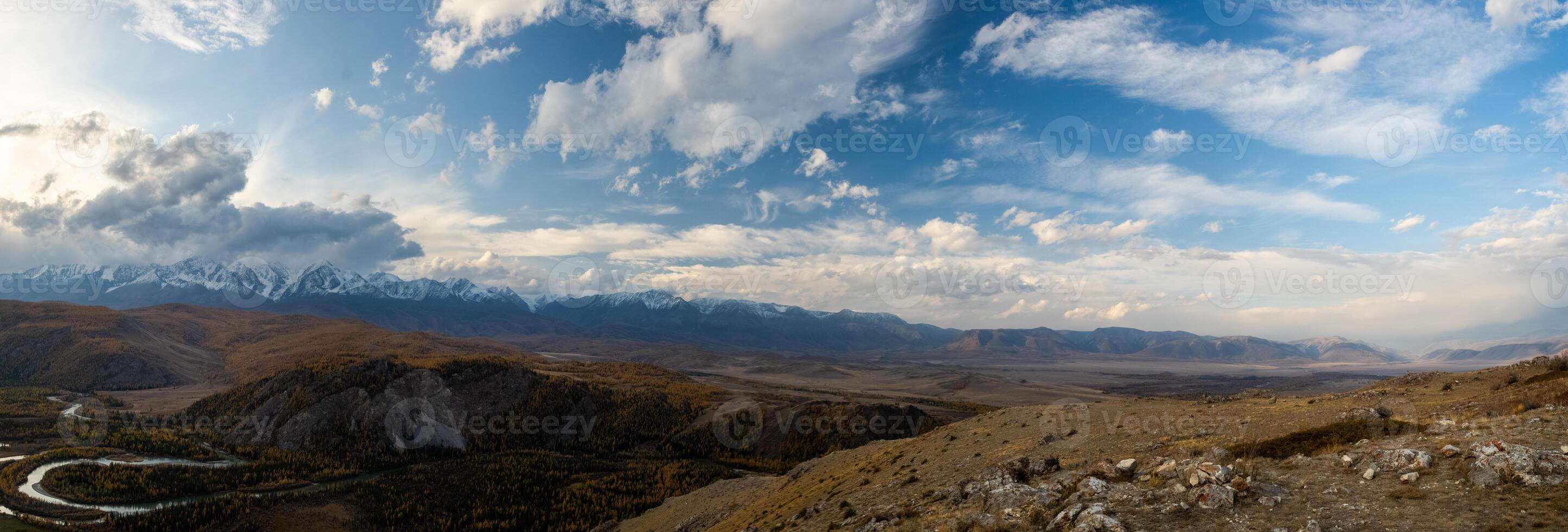 Panorama is Altai, a mountain river flowing between the Altai mountains and the nature of the area. photo
