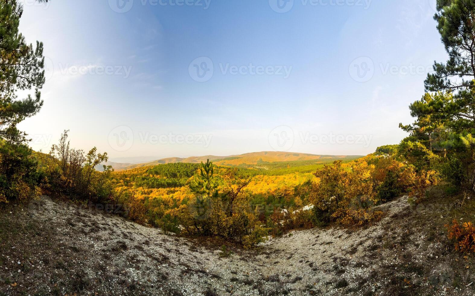 Mountains and forests of Crimea. coniferous and deciduous trees on the hills of mountains and rocks photo