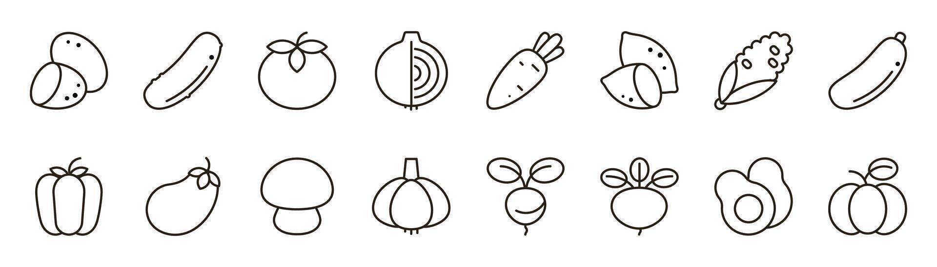 Vegetable outline icons set. Collection of linear vegetable icons. Graphic elements of linear design, outline symbols. Healthy eating, organic products, agricultural harvest, products from the garden. vector