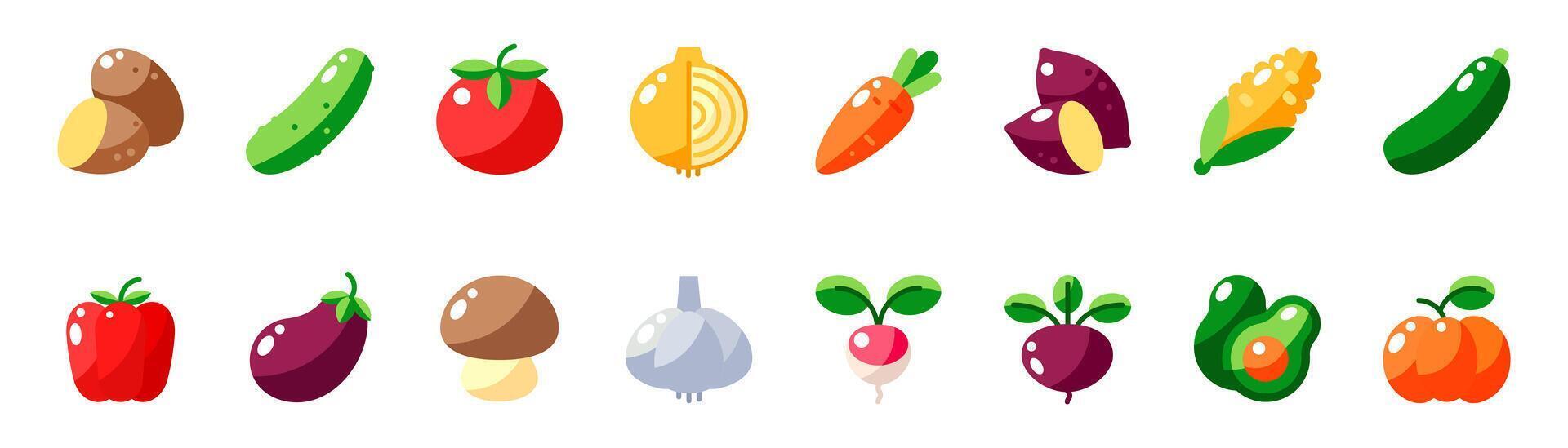 Set of color icons of vegetables. Collection of icons, symbols of vegetables in color. Graphic design elements. Healthy eating, organic products, agricultural harvest, harvest from the garden. vector