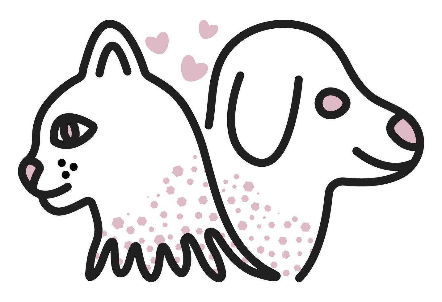 Dog and cat muzzles in profiles, black line sign with pink elements, simple pictogram, outline illustration vector