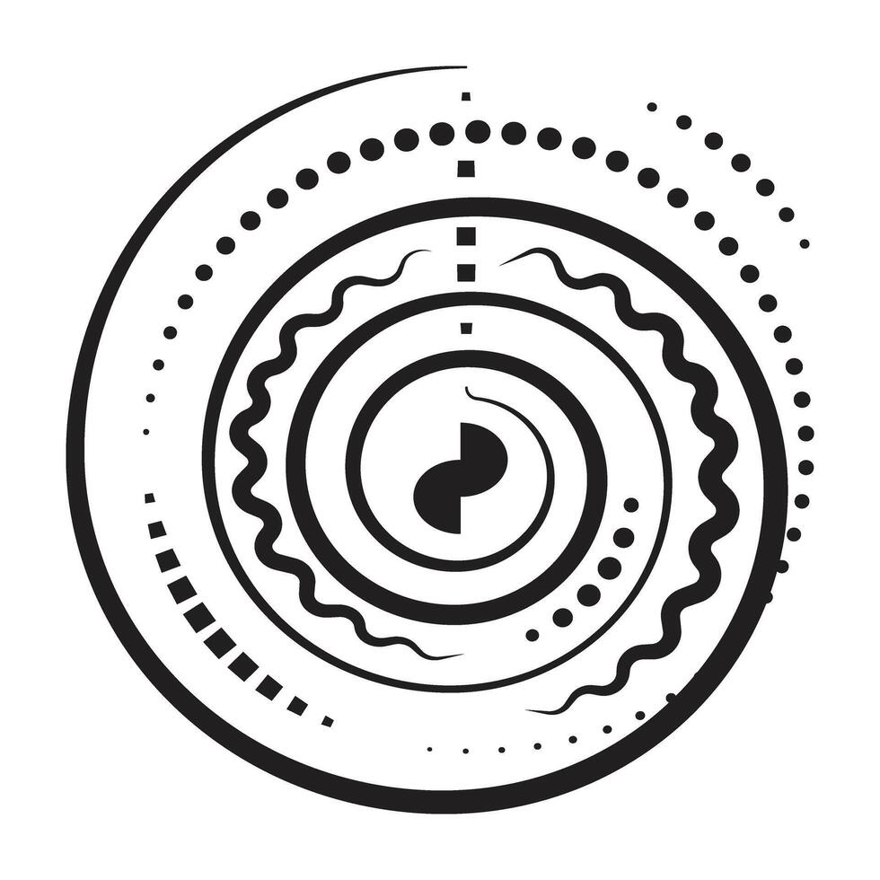 Abstract halftone circle, clockwise spiral, stylized round shape, Trypillian culture symbol, black line sign, outline monochrome illustration vector