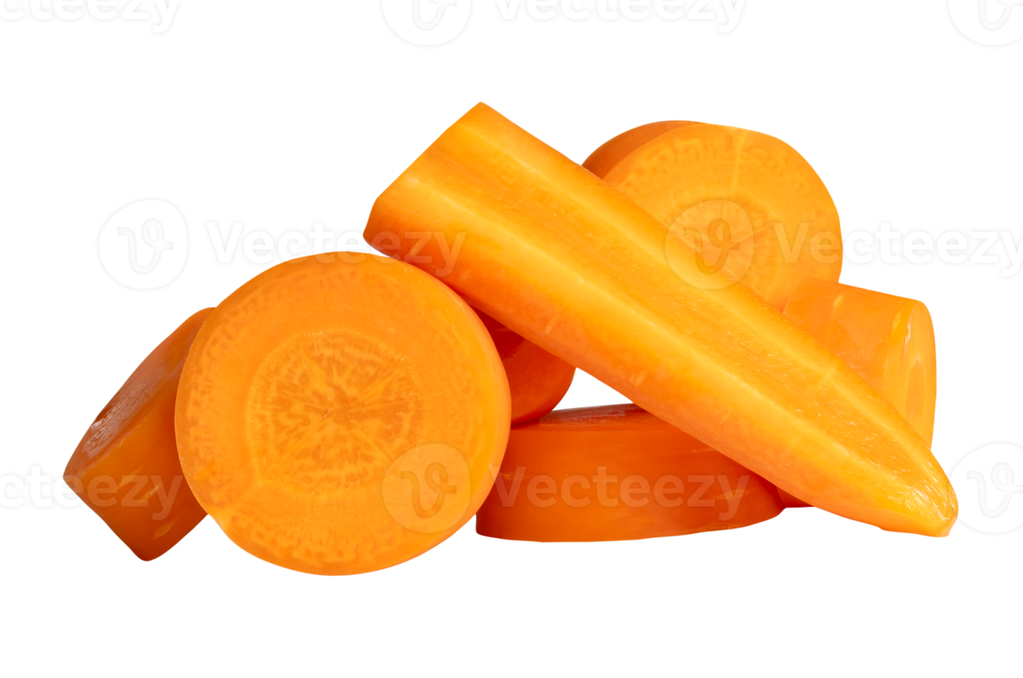 Orange carrot slices or pieces in stack isolated with clipping path in file format png