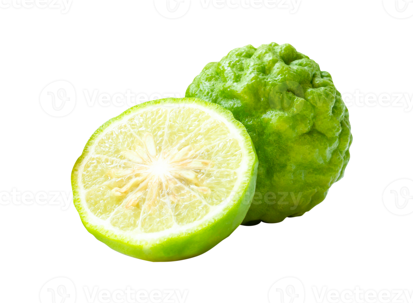 One fresh green bergamot fruit or kaffir lime with half in stack isolated with clipping path in file format png
