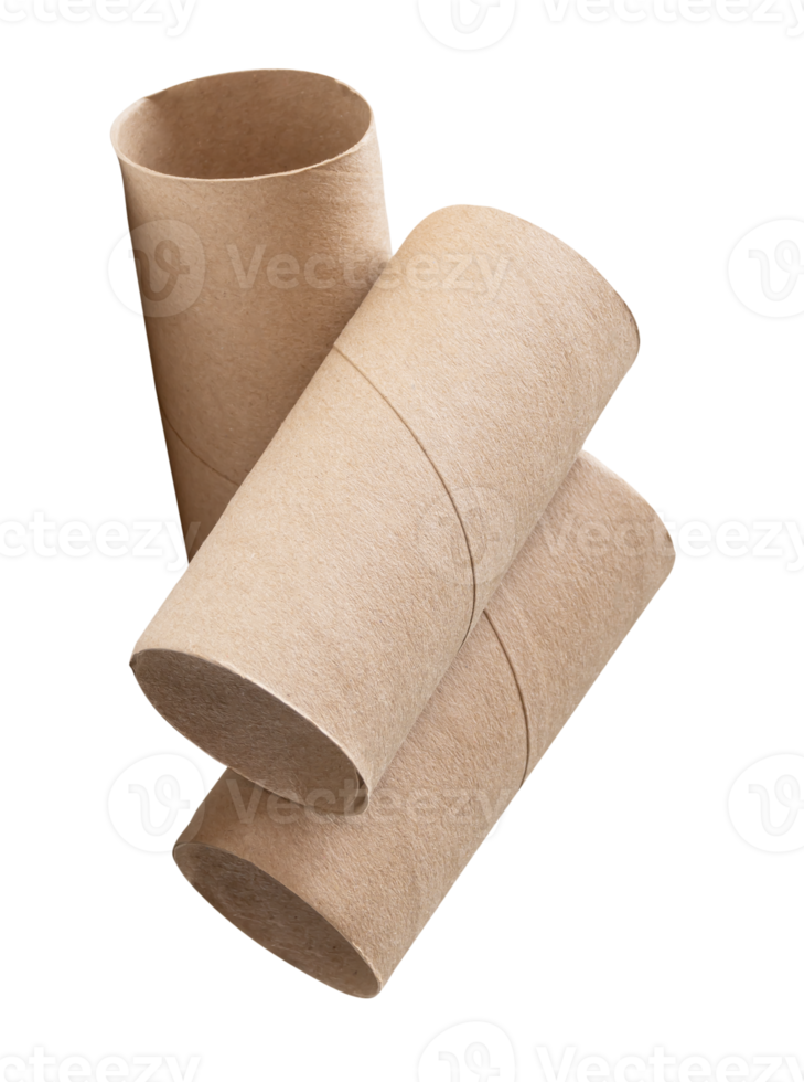 Three tissue paper cores or toilet paper tubes in stack isolated with clipping path in file format png