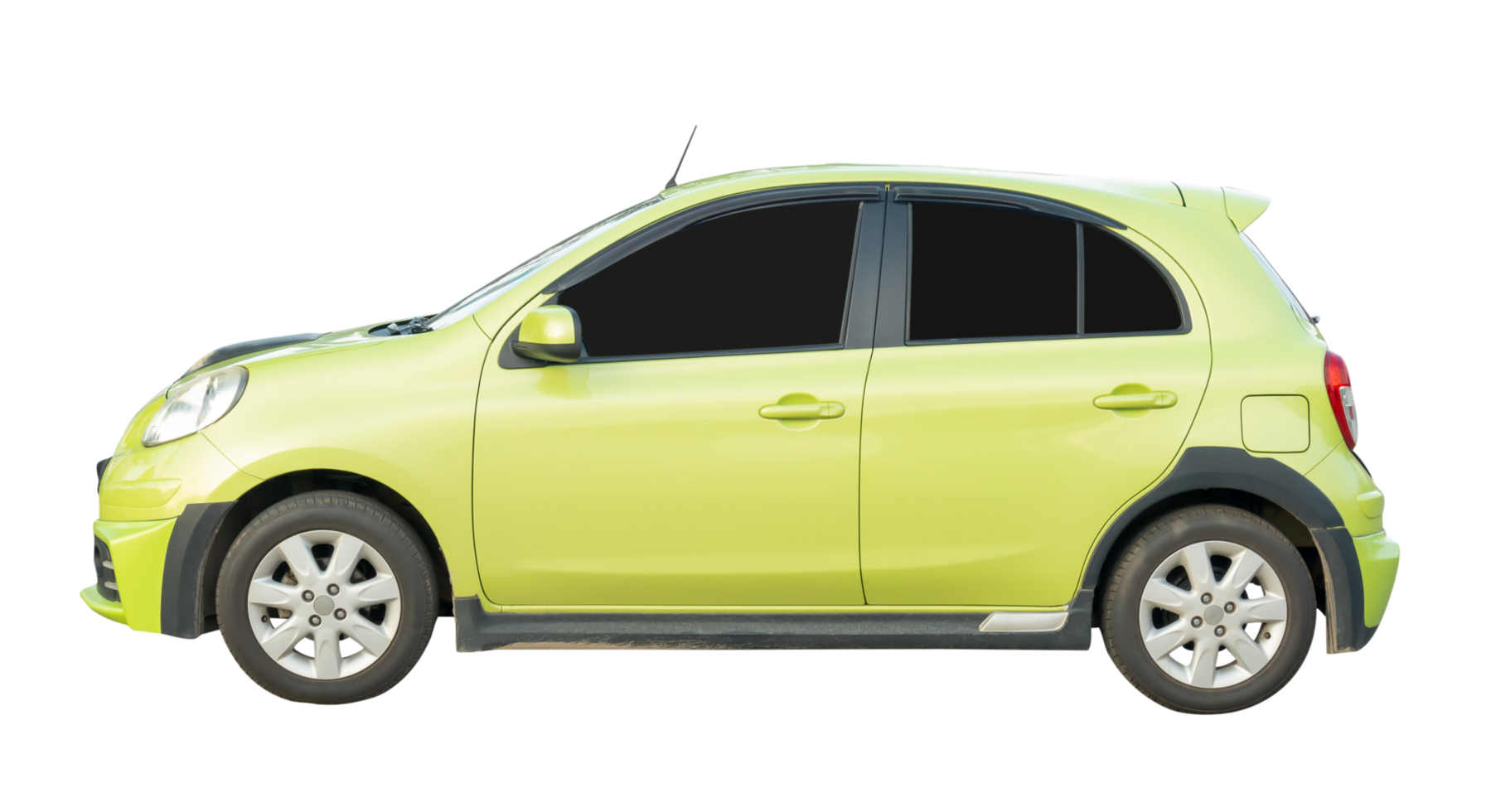 Side view of mini or small light green hatchback car isolated with clipping path in file format png