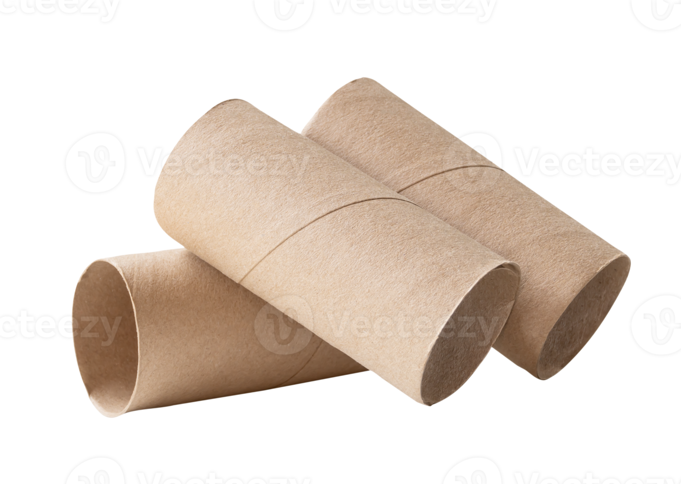 Three tissue paper cores or toilet paper tubes in stack isolated with clipping path in file format png