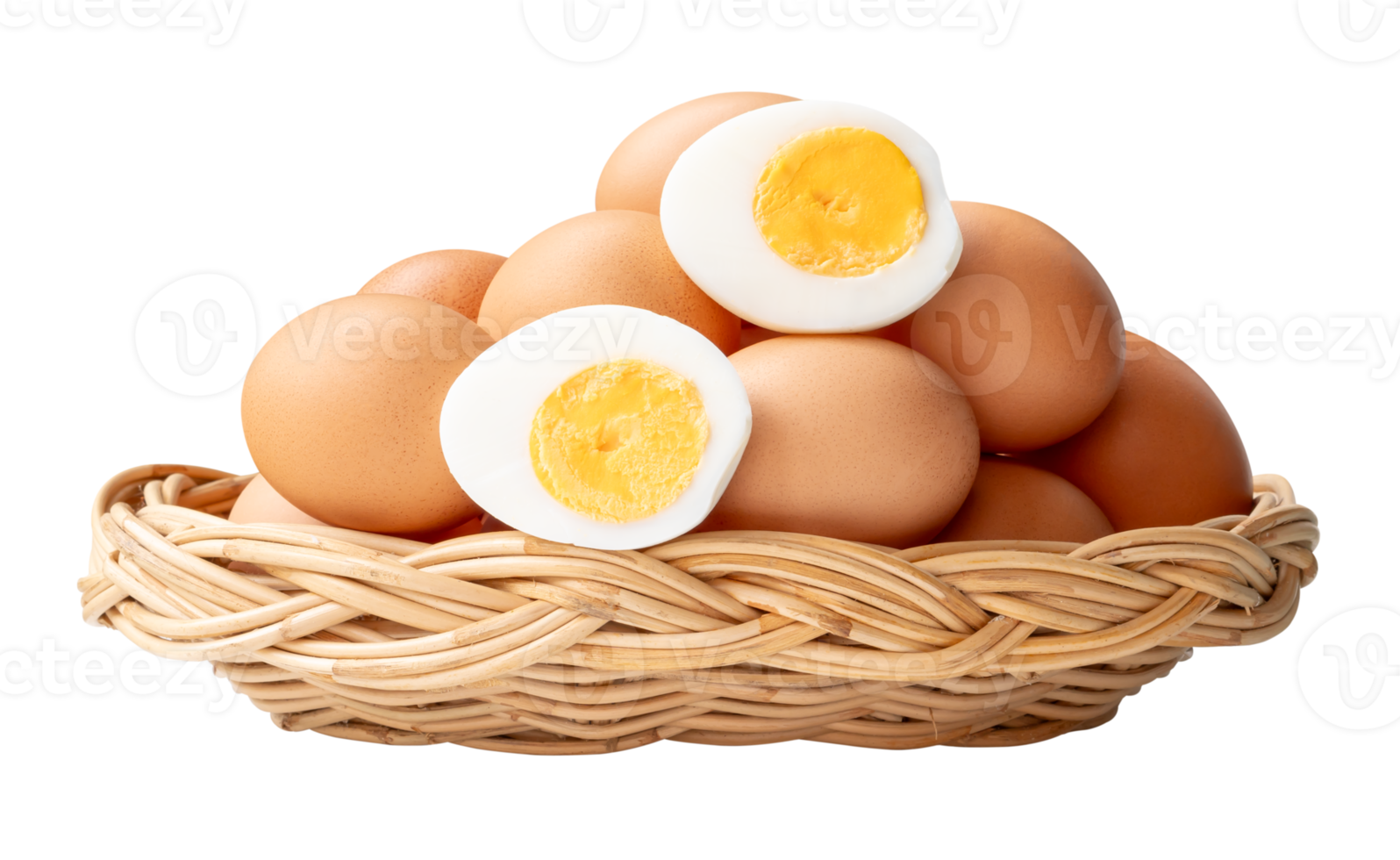 Large group of raw brown chicken eggs and peeled cooked or boiled eggs with egg yolk in halves in stack in wicker basket isolated with clipping path in file format png