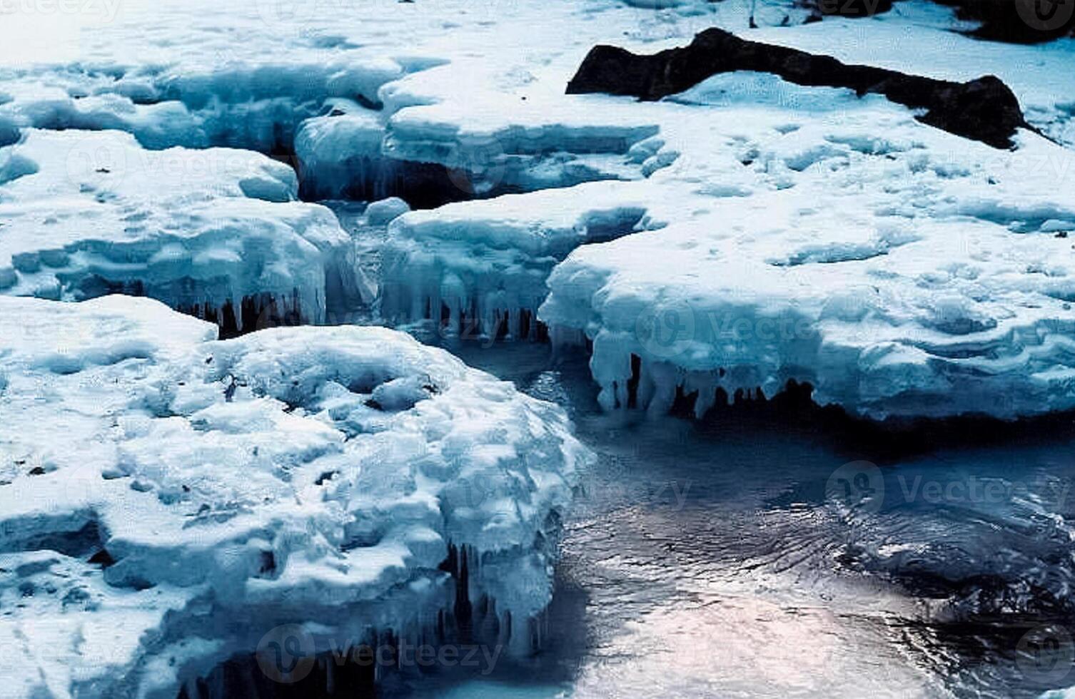 Ice and snow on the river. Melting snow in spring on the reservoir. photo