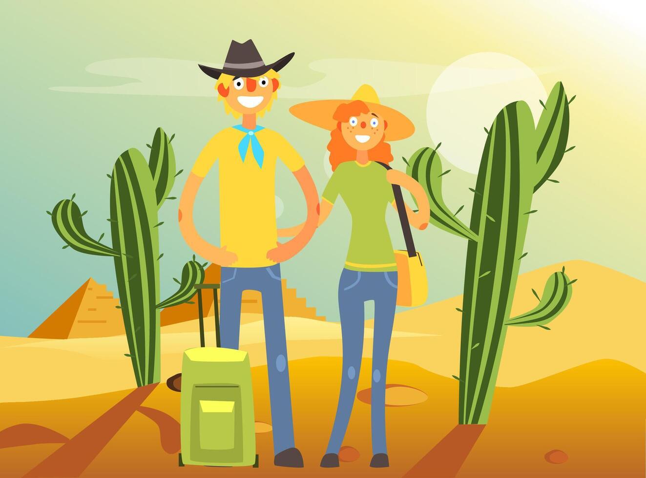 Happy Family Couple Traveling and Sightseeing, Young Man and Woman Posing in Desert Illustration vector