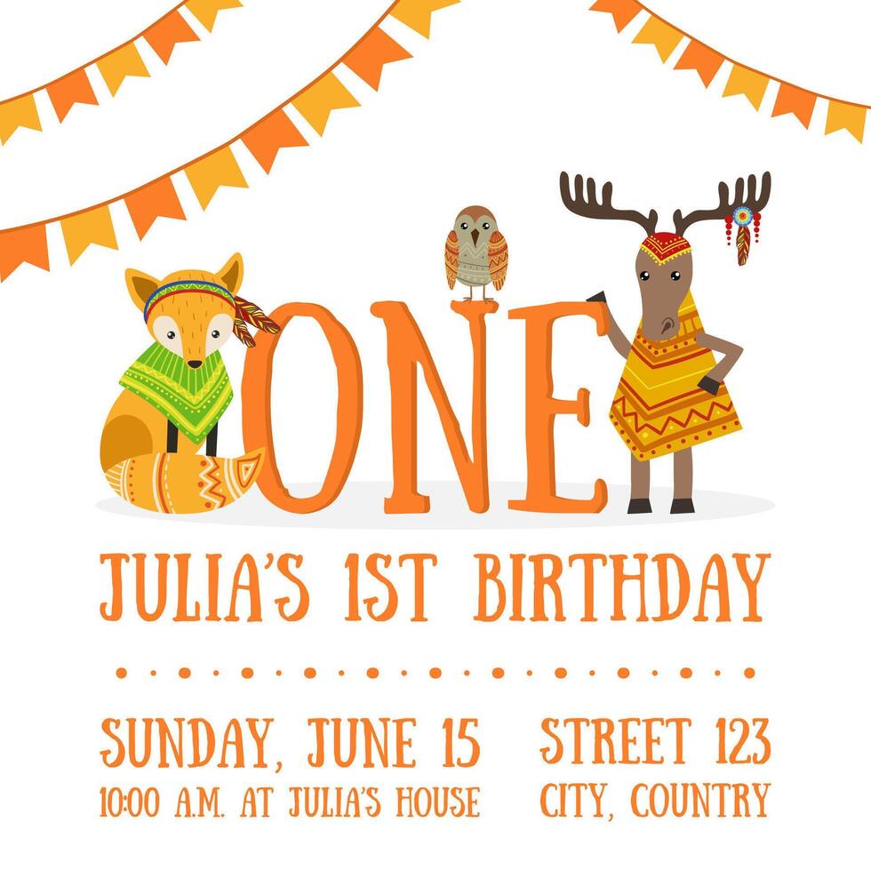 Birthday Invitation Card Template, Celebration Banner with Number One, Place for Text and Cute Wild Ethnic Animals Illustration vector