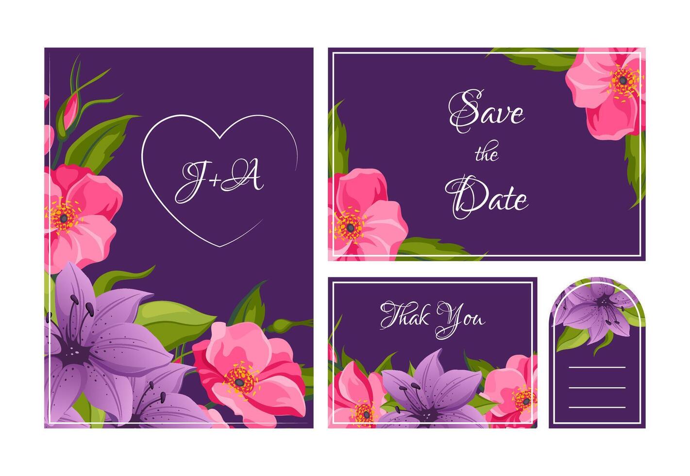 Save the Date, Holiday, Wedding Invitation Templates Set, Thank You, Rsvp Floral Cards with Elegant Bright Flowers, Frame with Space for Text Illustration vector