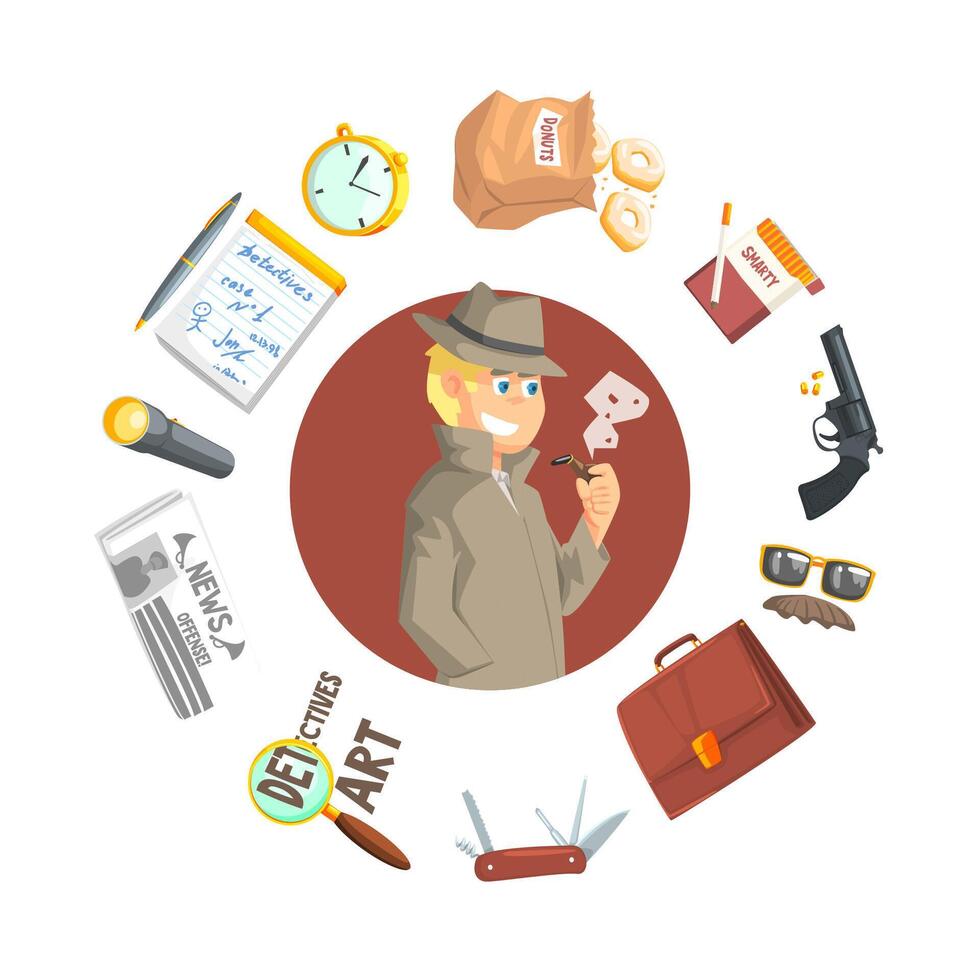 Private Detective Banner Template, Investigators Equipment and Accessories of Dound Shape, Professional Surveillance Work Illustration vector