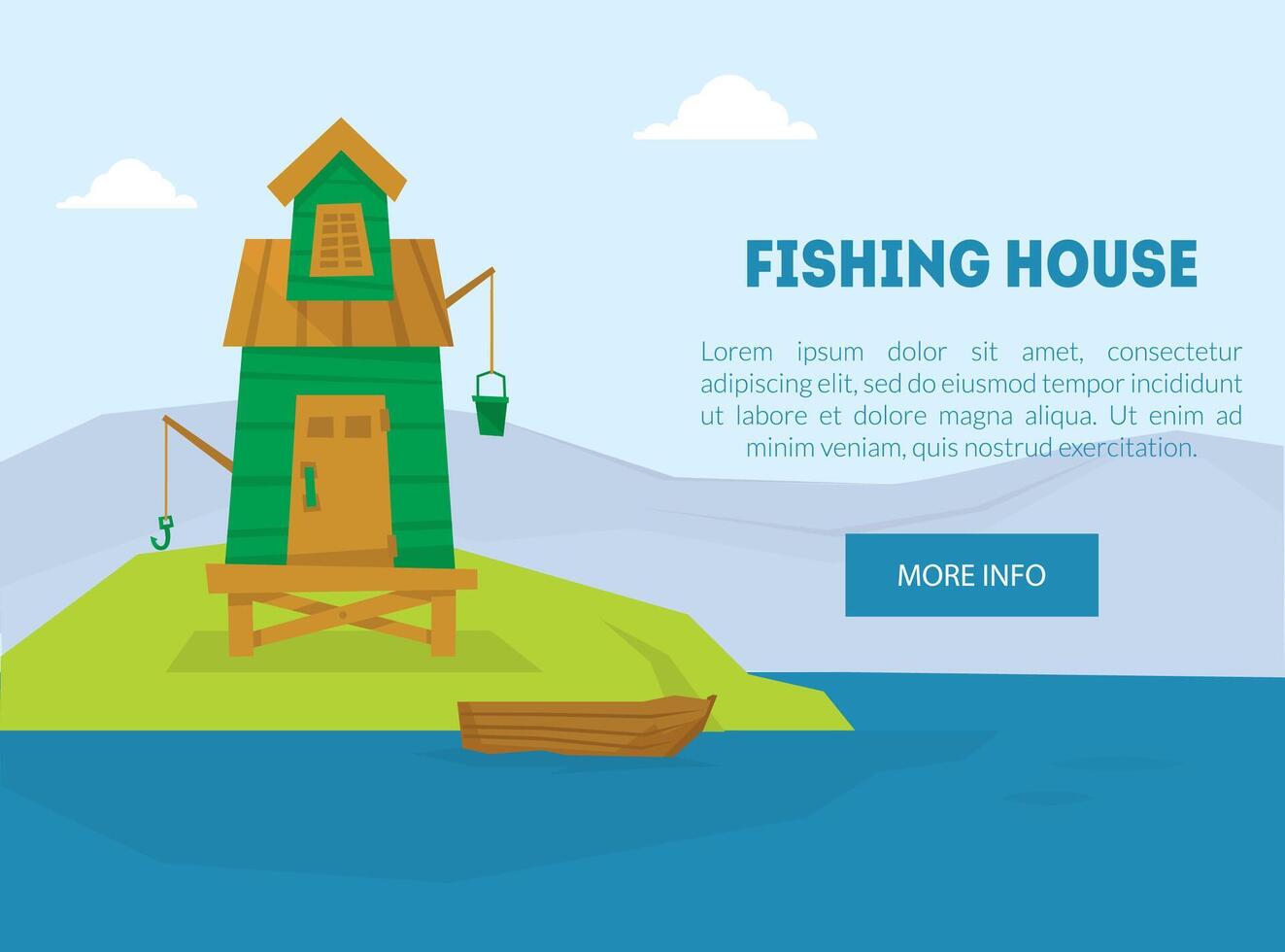 Fishing House Landing Page Template, Lonely Hut with Boat on Island on Illustration vector
