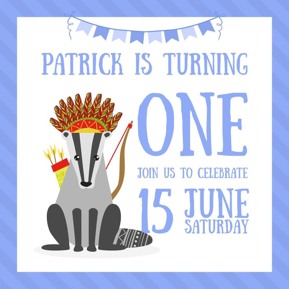 Birthday Invitation Card Template, Celebration Banner with Number One, Place for Text and Cute Raccoon Ethnic Animal Illustration vector