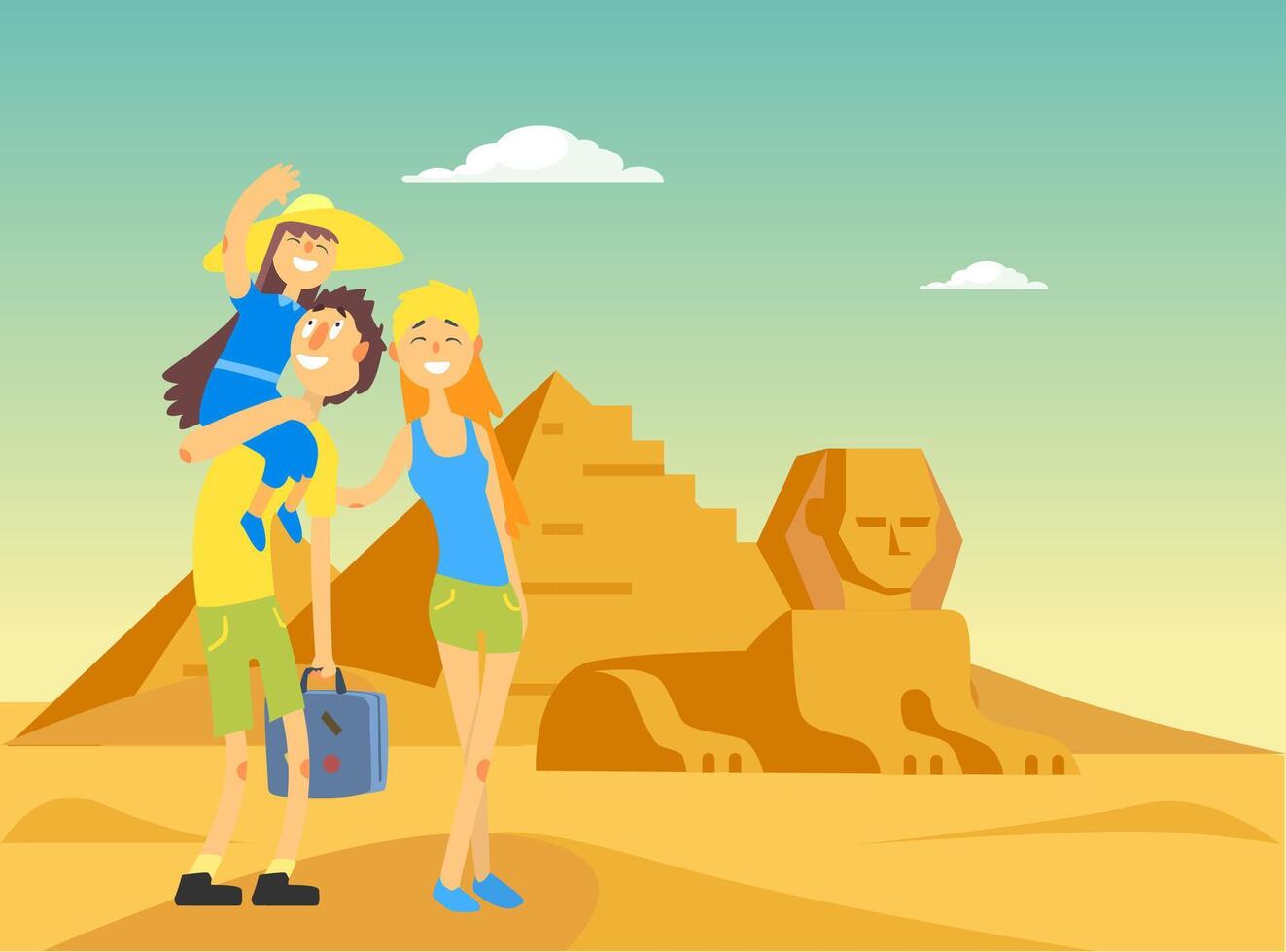 Happy Family Traveling and Sightseeing in Egypt, Smiling Mother, Father and Daughter Posing Near Egyptian Pyramid Illustration vector