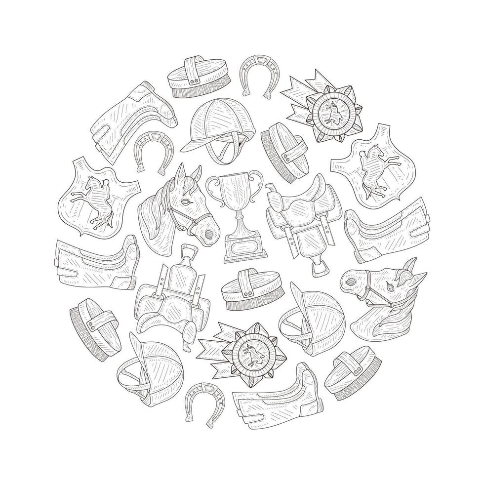 Horseback Equipment Pattern of Round Shape, Element Can Be Used for Horse Riding Club, Riding Lessons, Equestrian Club, Monochrome Hand Drawn Illustration vector