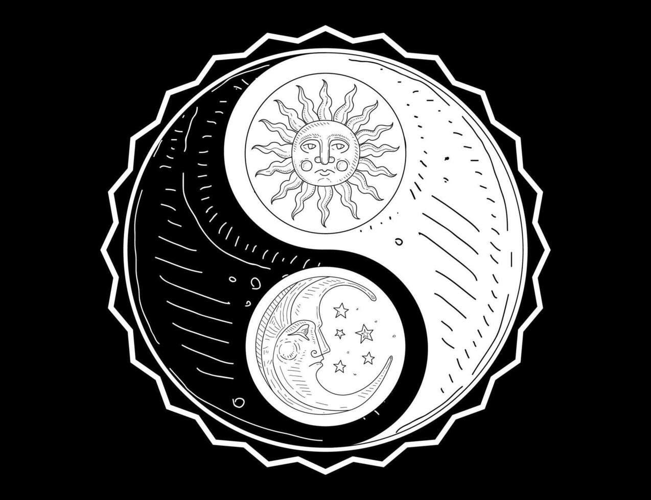Hand Drawn Yin Yang Symbol, Sun and Moon with Face Monochrome Illustration vector
