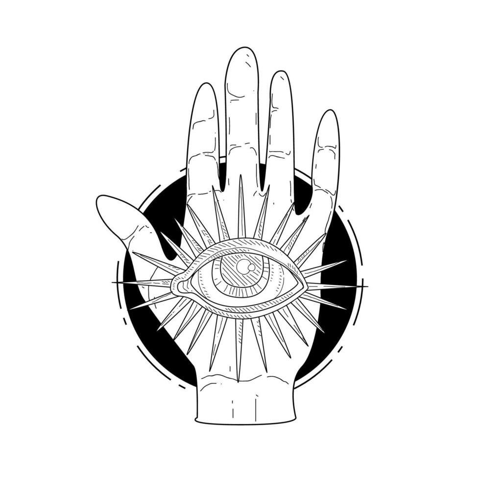 Mysterious Divine Hand and Providence Eye, Esoteric Occult Symbol Hand Drawn Monochrome Illustration vector