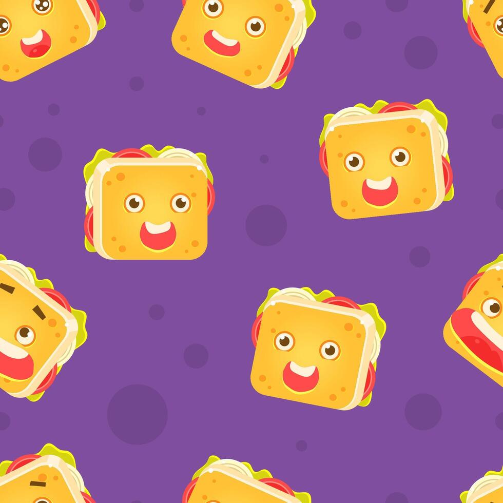 Funny Smiling Sandwich Character Seamless Pattern, Childish Design Element Can Be Used for Wallpaper, Packaging, Background Illustration vector