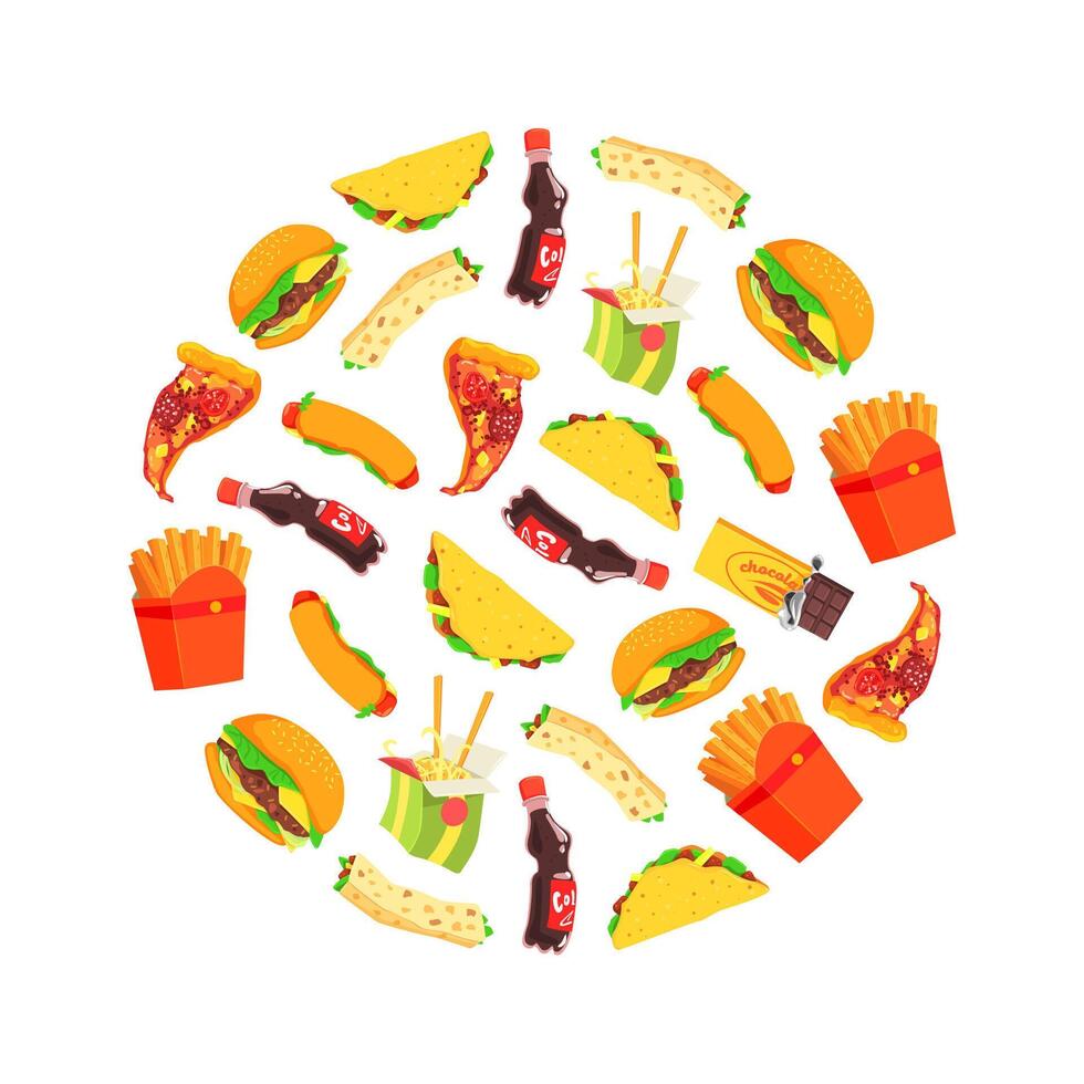 Fast Food of Round Shape, Dishes and Drinks Illustration vector