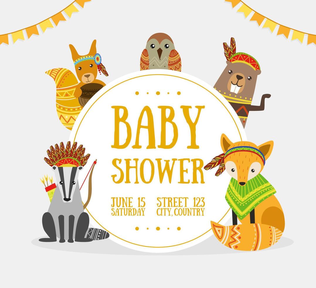 Baby Shower Banner Template with Place for Text and Cute Wild Ethnic Animals Illustration vector