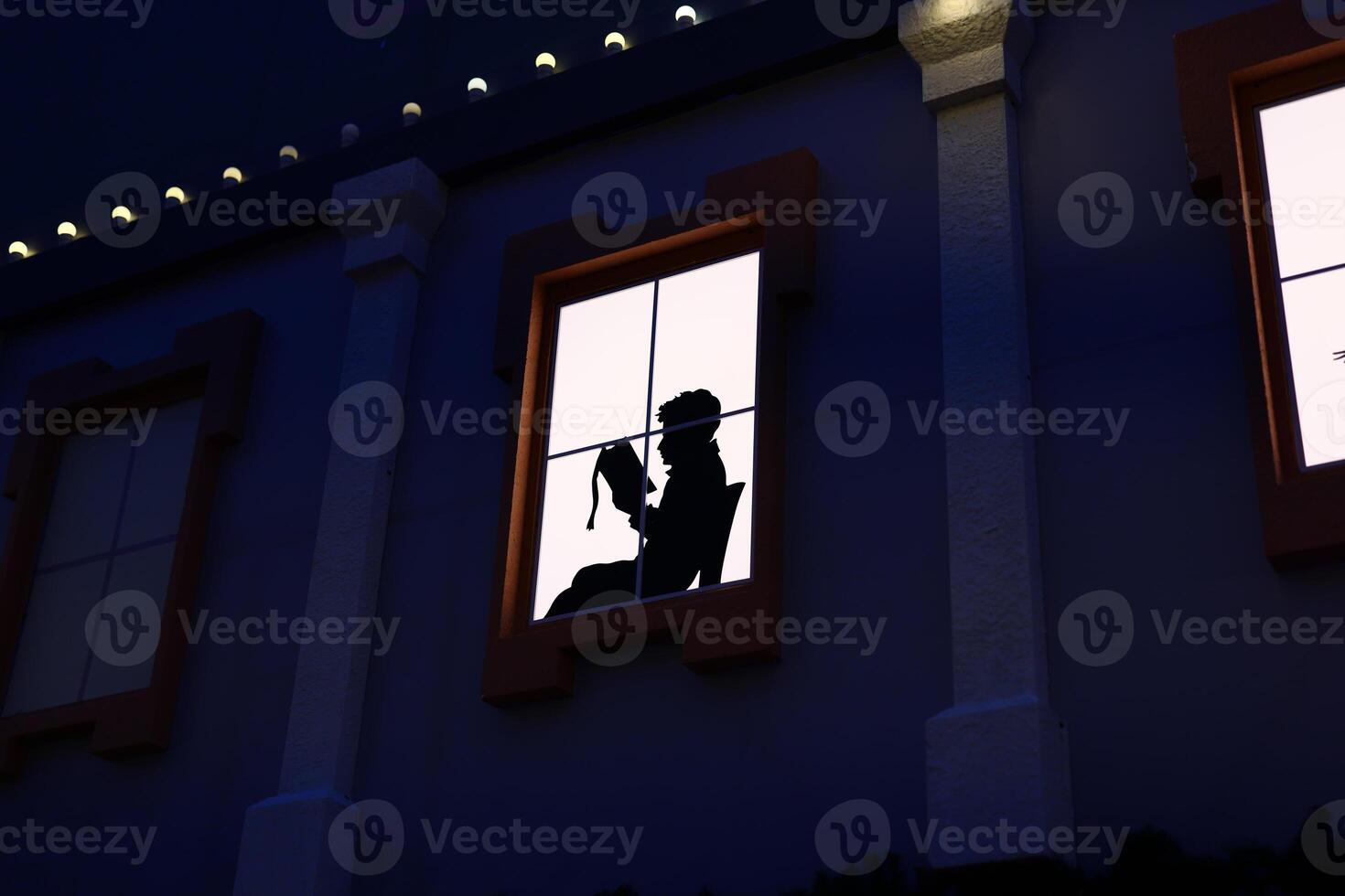Silhouette at Night A Stunning Display of Beautiful Reflections Captured in a Tranquil Window Scene photo