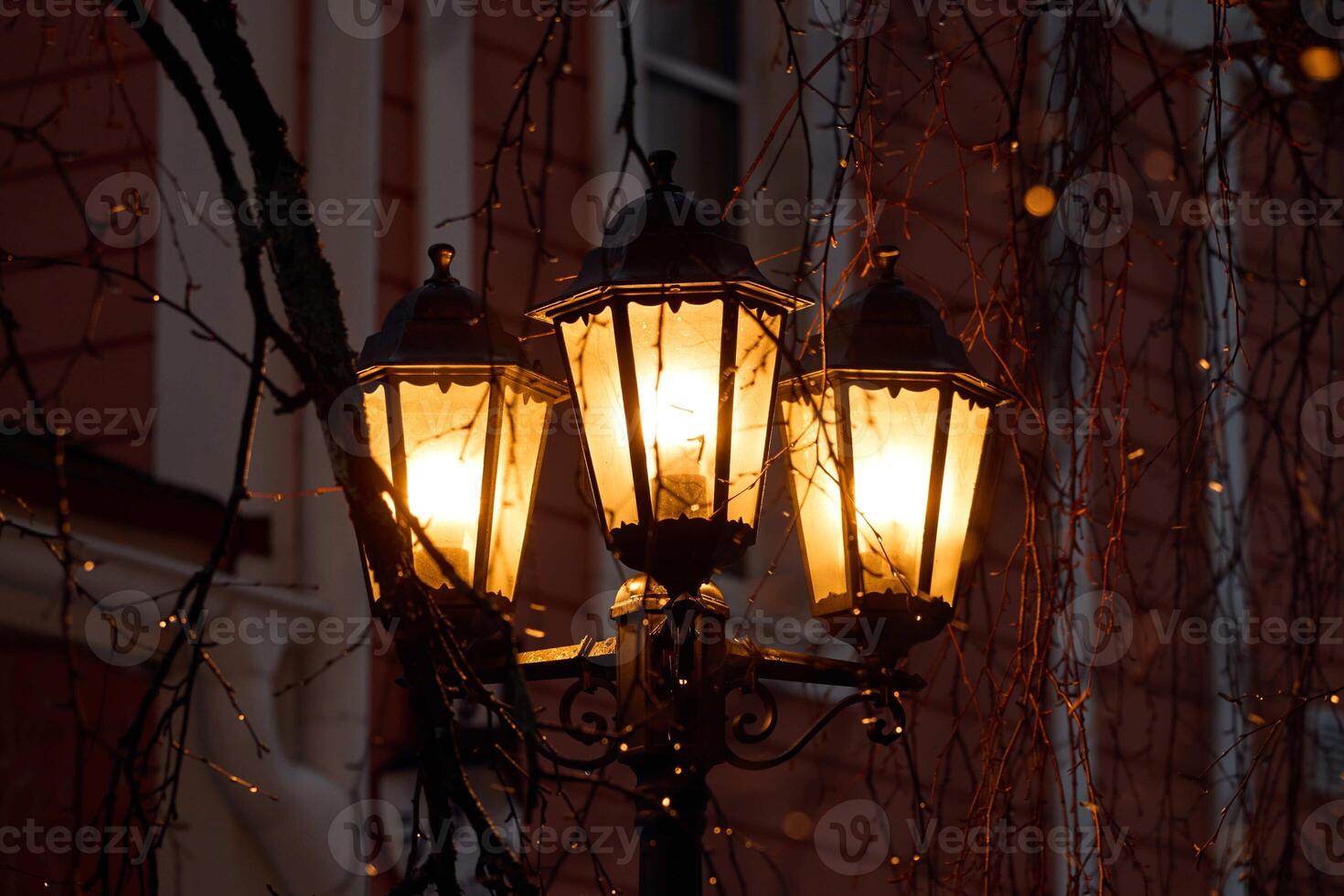 Illuminated street lanterns create an enchanting atmosphere, enhancing the citys charm at night photo