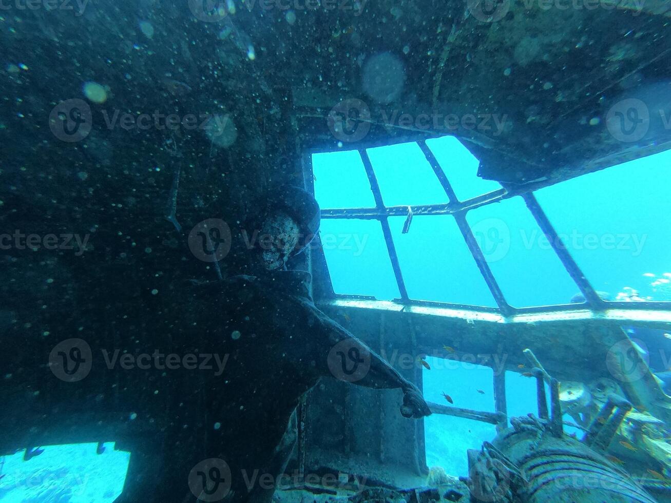 Ghostly Visage in a Sunken Aircraft, capturing the eerie beauty of an underwater world photo