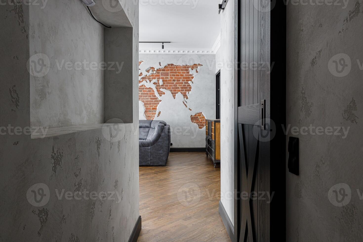 Stylish Hallway Featuring a Beautifully Decorative World Map as an Impressive Feature photo