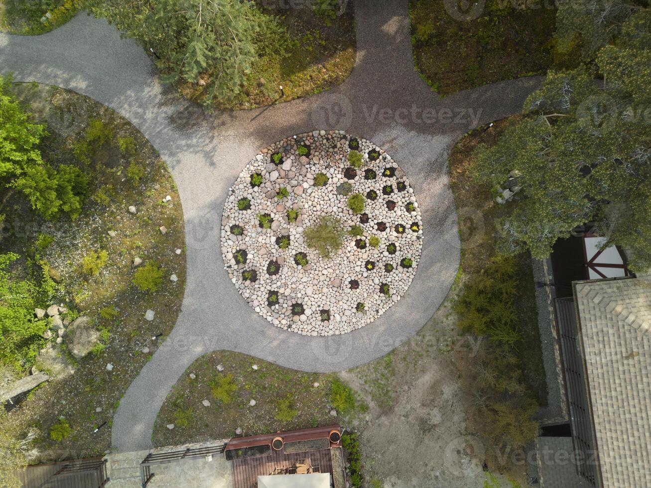 Stunning Aerial View Showcasing a Beautifully Designed and Circular Garden Landscape photo