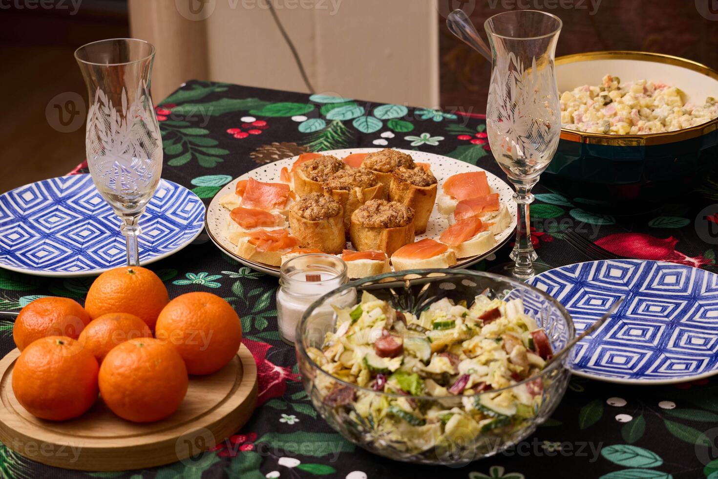 A Festive Table Setting with Delicious Food and Refreshing Drinks for Your Enjoyment photo
