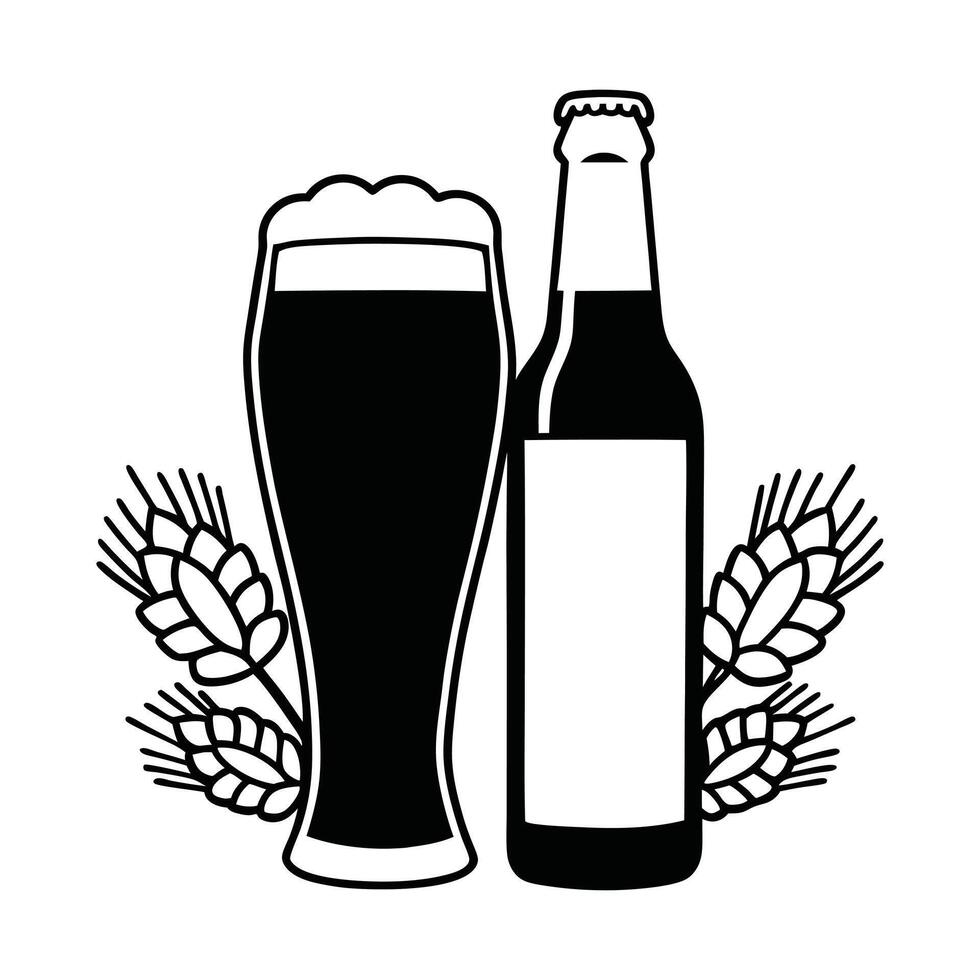 Silhouette of Beer bottle and glass with wheat hops vector