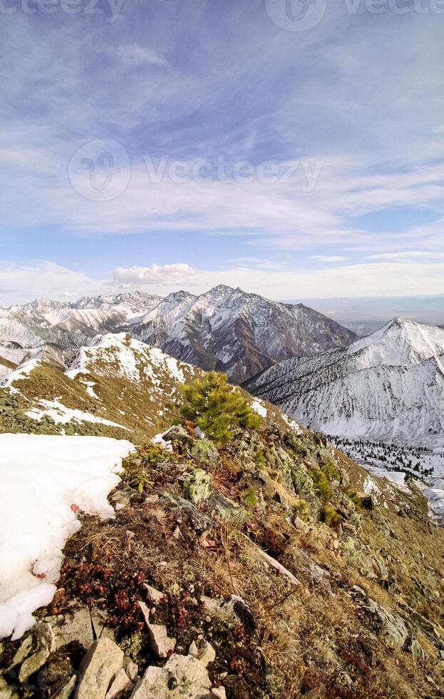 Mount Sayan in winter in snow. The nature of the mountains is sayan. photo