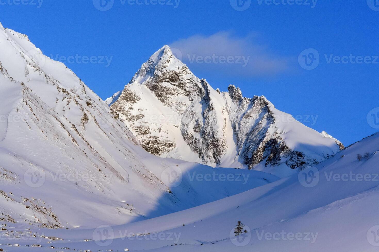 Baikal mountains in winter in snow. Forest in snow covered mountains. photo