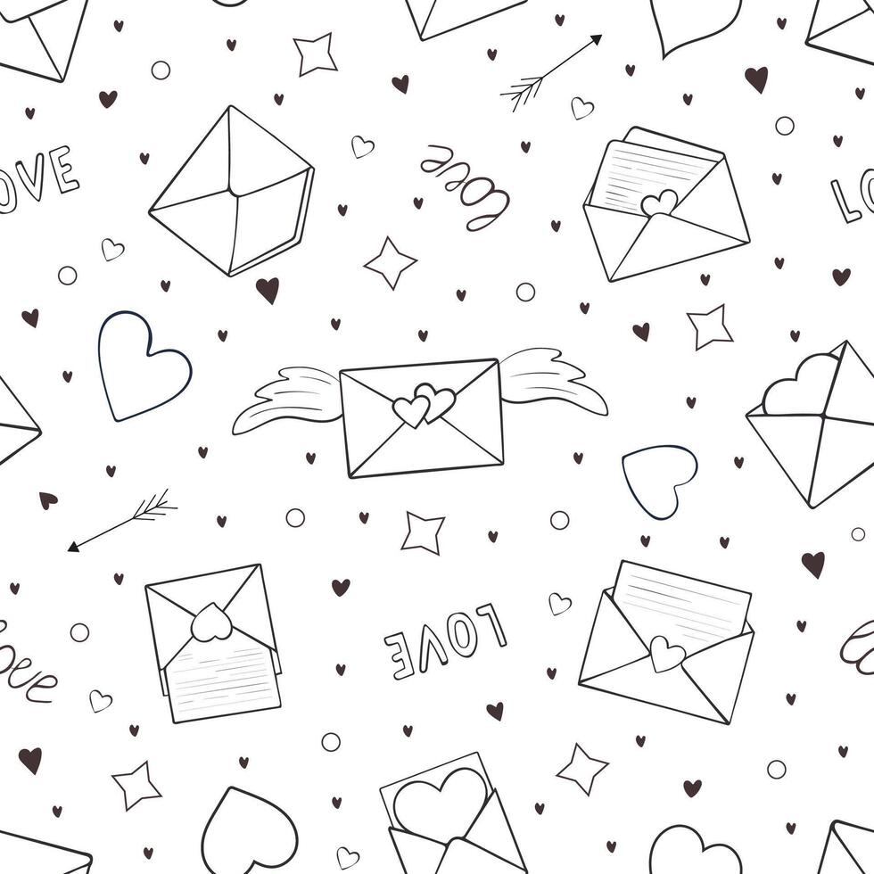 Seamless pattern with hearts and envelopes. Valentines day background with love letters for wrapping, textile, linen, nursery. Doodle envelopes, red hearts, arrows vector