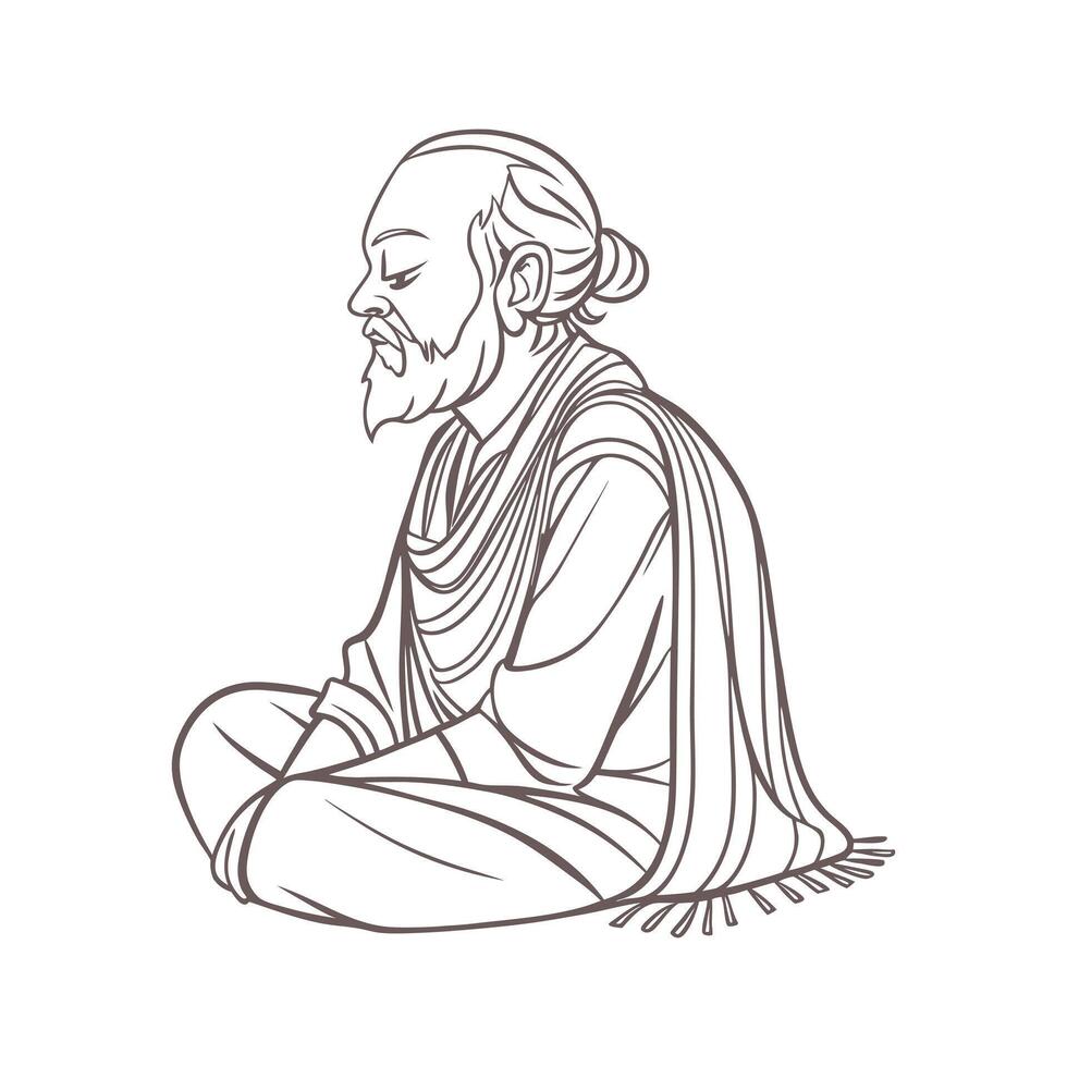 Elderly man sage meditates sitting. Contemplative sage. Sketch, illustration. vector