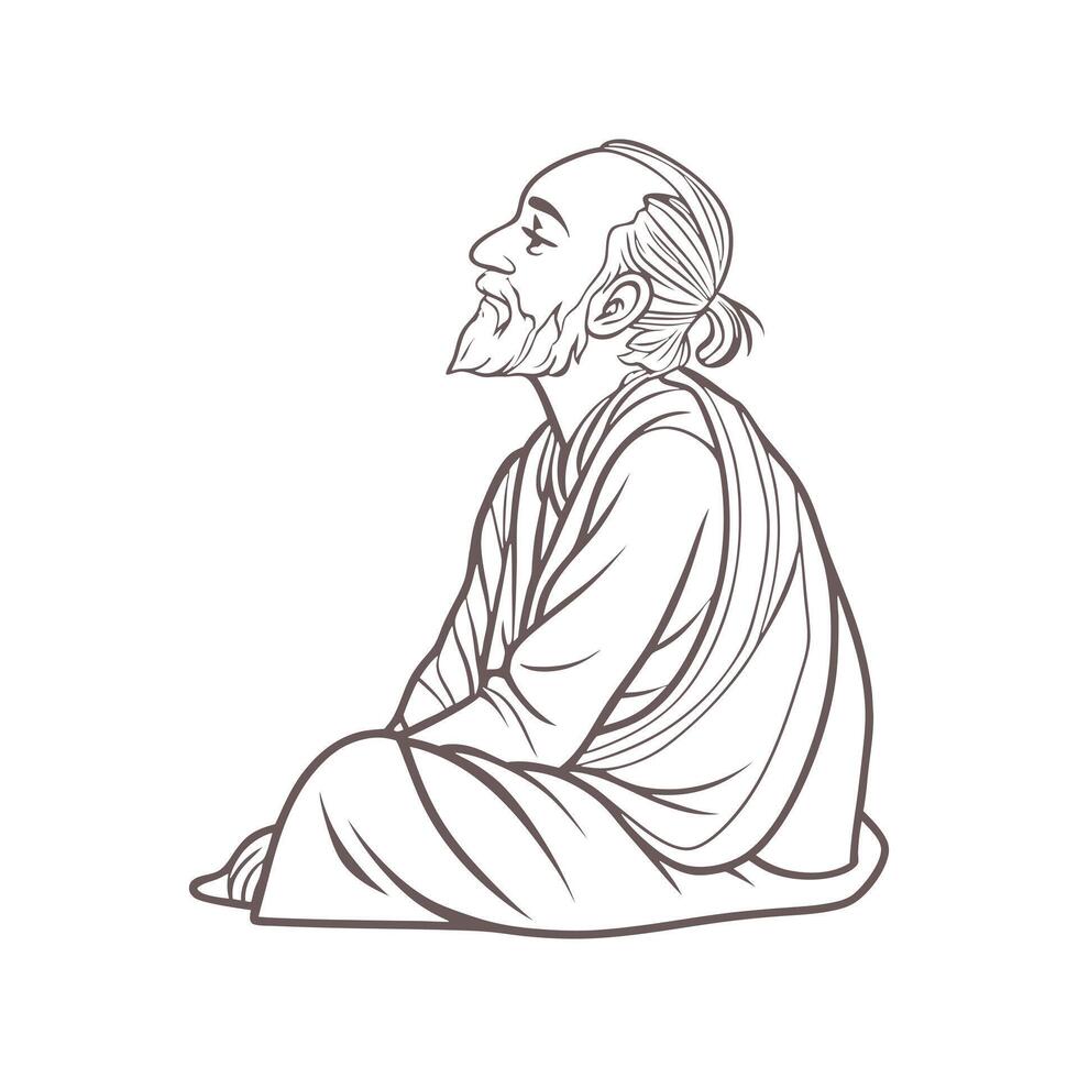 Elderly man sage meditates sitting. Contemplative sage. Sketch vector