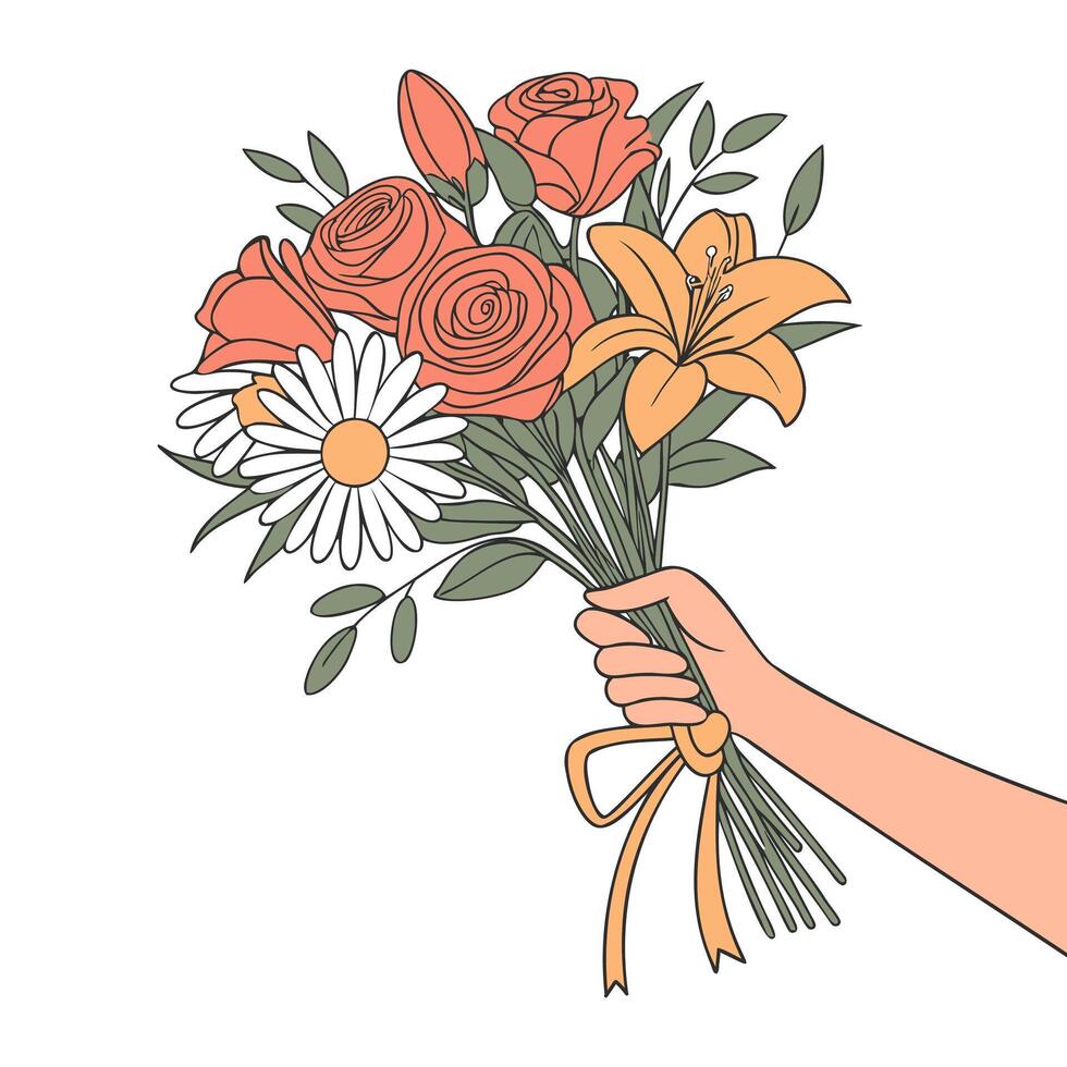 Hand with bouquet of flowers. Hand drawn illustration. vector