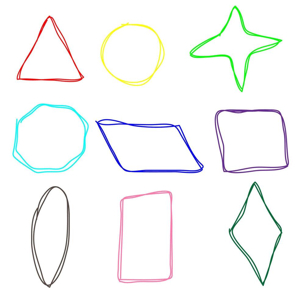 Set of colorful geometric shapes drawn in doodle style on a white background vector
